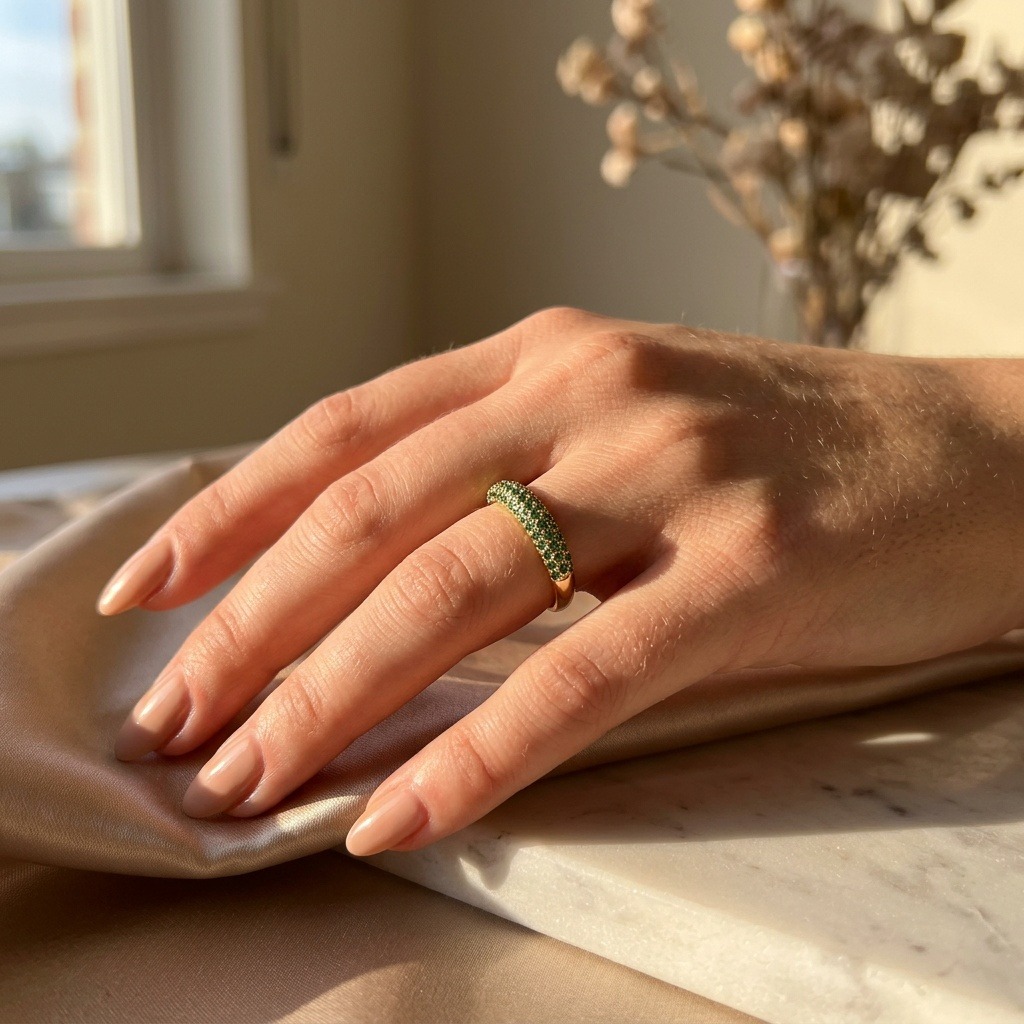 Anel dourado com pedras verdes
